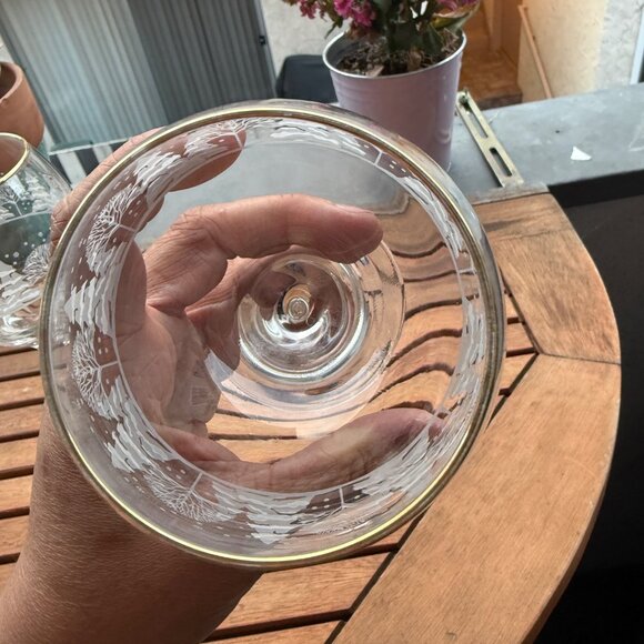 Vintage Crystal Libbey Etched Glass Wine Goblets With Gold Rim & Winter Wonderla - Picture 7 of 8